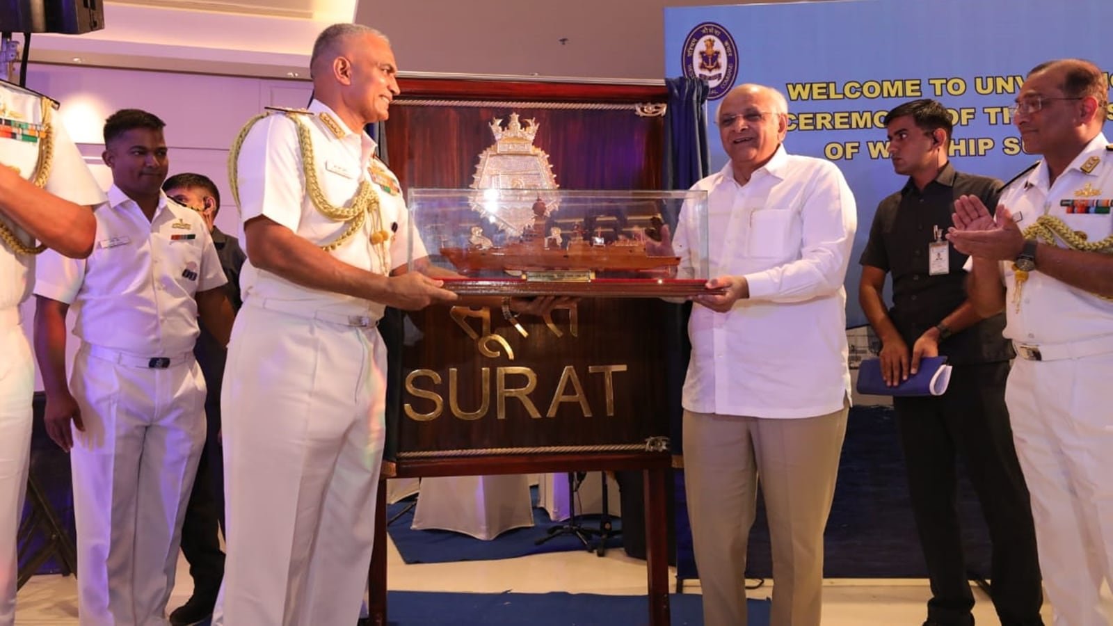 Gujarat CM Bhupendra Patel unveils crest of warship ‘Surat’ | Ahmedabad News