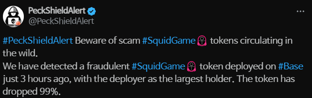 PeckShield Issues Scam Alert for SquidGame Token on Base Network